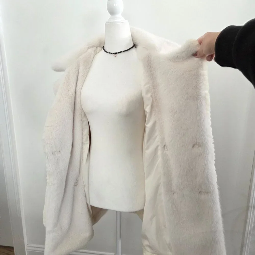 Forever 21‎ Cream Patchwork Faux Fur Coat Men's Large Mob Wife Winter Cozy White